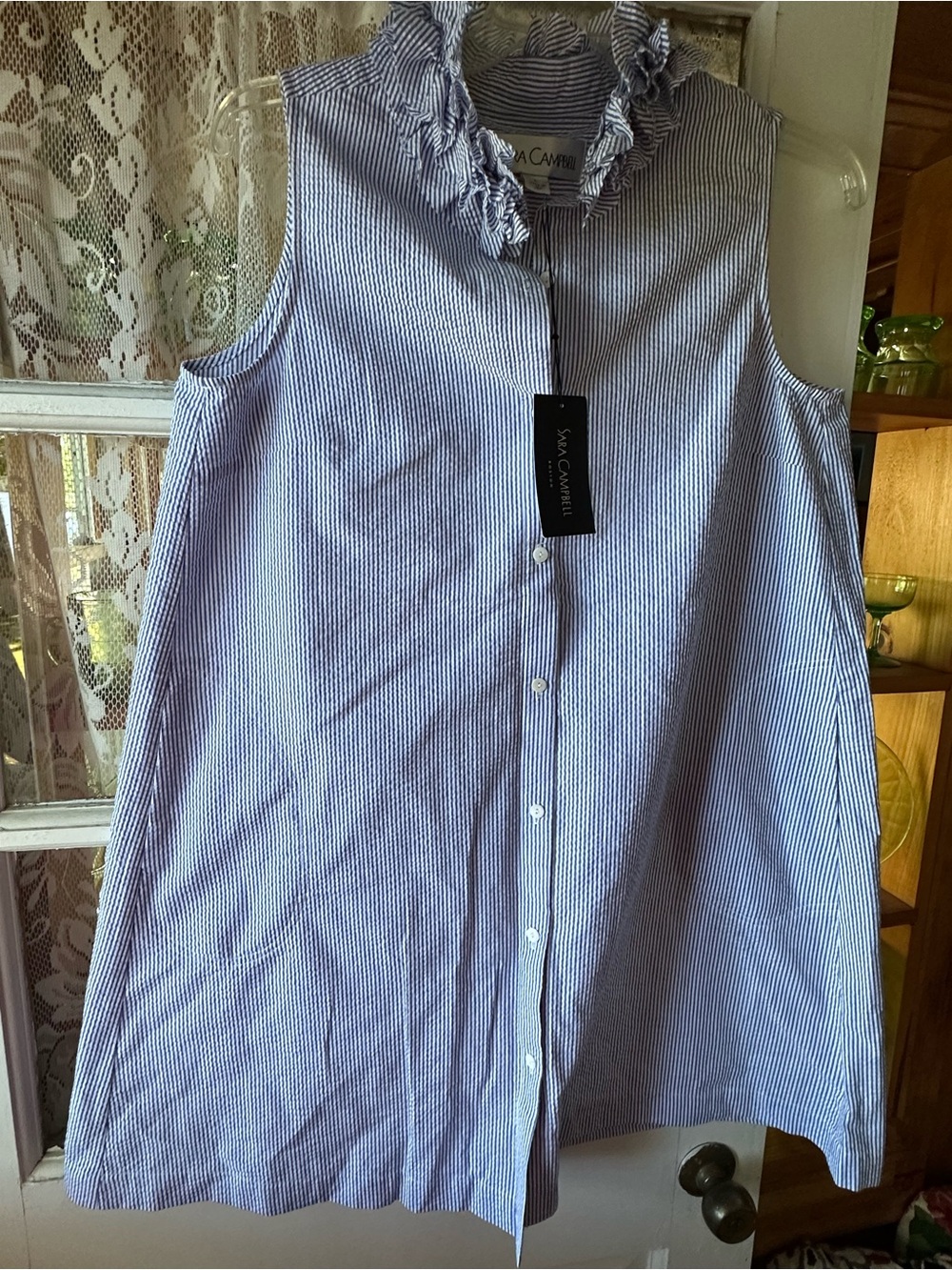 Sara Campbell Blue and White Striped Sleeveless Ruffle Collar Shirt Dress